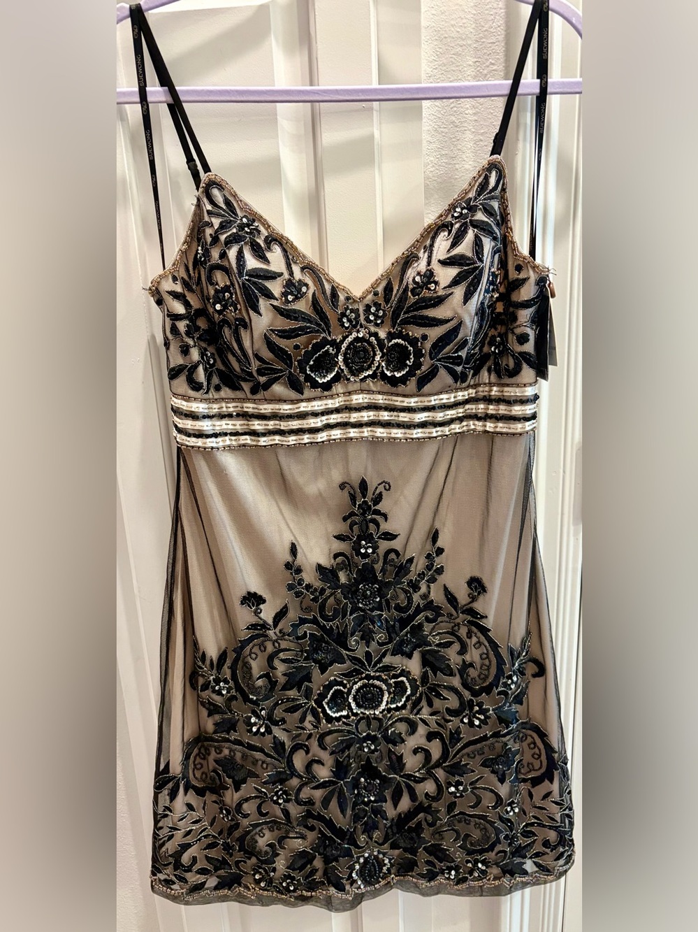 NWT SUE WONG Sheer Embroidered Slip Dress w/Black Floral Appliqué Beaded/Sequins